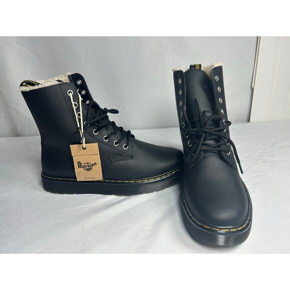 Dr. Martens Zavala Fur Lined Lace-up Combat Boot Black Leather Womens Size 8 NEW - Picture 1 of 10